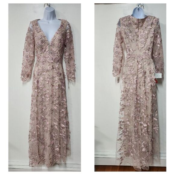 Mac Duggal FLORAL APPLIQUE LONG SLEEVE ILLUSION GOWNR $398 size 4 - Picture 6 of 7